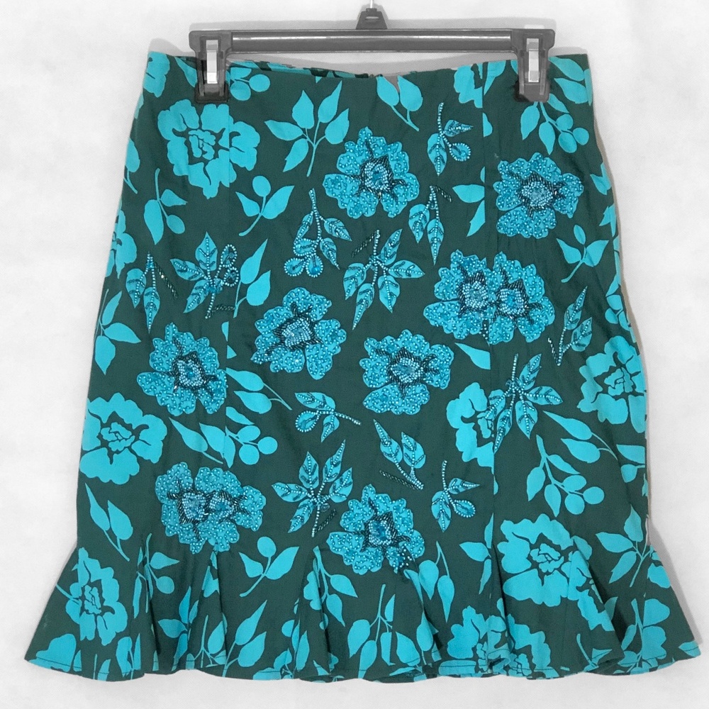 Floral Skirt Hand Beaded Turquoise 20 inch long Sm